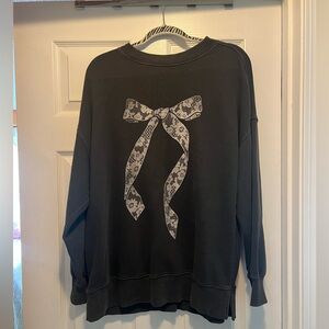 Aerie Women's Black Bow Crew neck sweatshirt oversized with keyhole